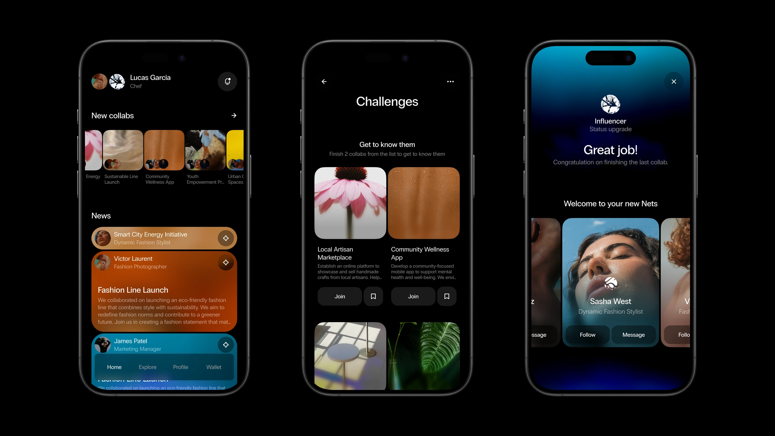 Co-op — Home screen, challenges, collab success screen